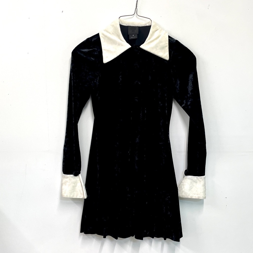Anna Sui Black & White Crushed Velvet Mini Dress, Wednesday Addams Style